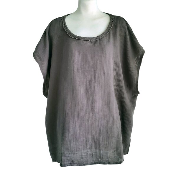 T Tahari Woman Crinkle 100% Cotton Gauze Boxy Raw edges Cap sleeve Grey Size 3XL - Picture 3 of 15
